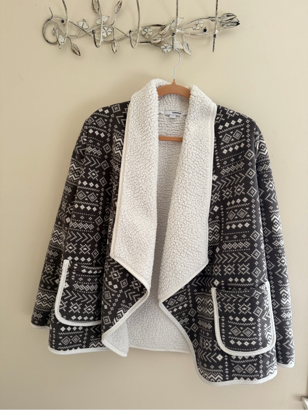 Sonoma Dark Gray & White Sherpa-Lined Patterned Open Cardigan